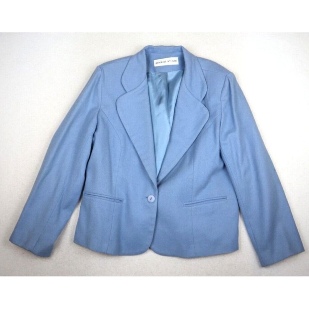 ADOLFO STUDIO - WOMEN'S BLUE ONE-BUTTON 100% WOOL BLAZER JACKET - SIZE 14P